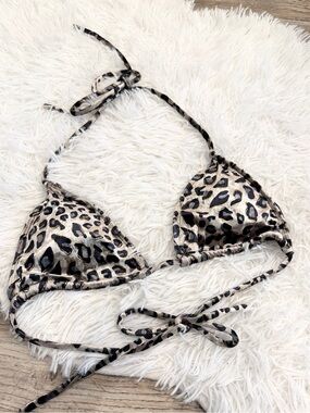 Icon Swim Leopard Print Triangle String Bikini Top Velour Beach Festival Y2K XL